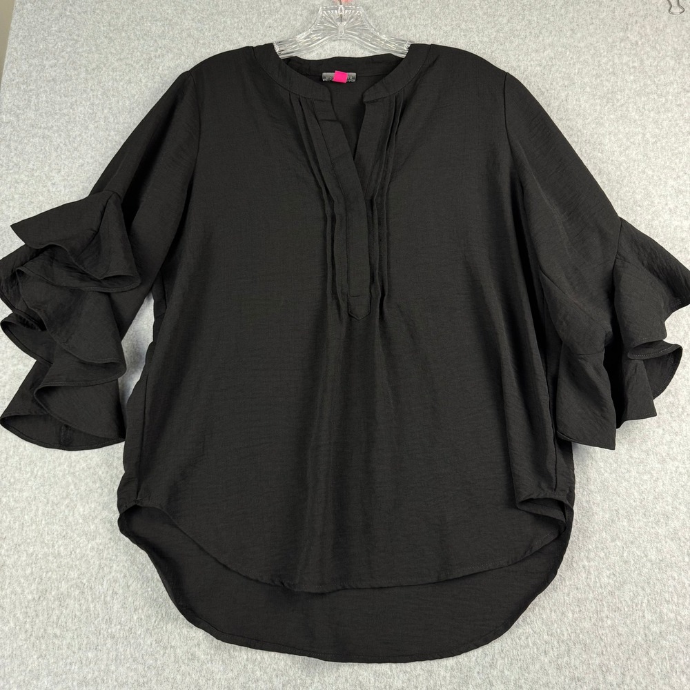 Vince Camuto Black Ruffle Sleeve Blouse Women M V Neck Corpcore Office Top